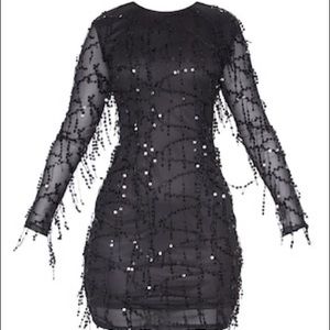 PrettyLittleThing Black Sequin Fringed Mini Dress